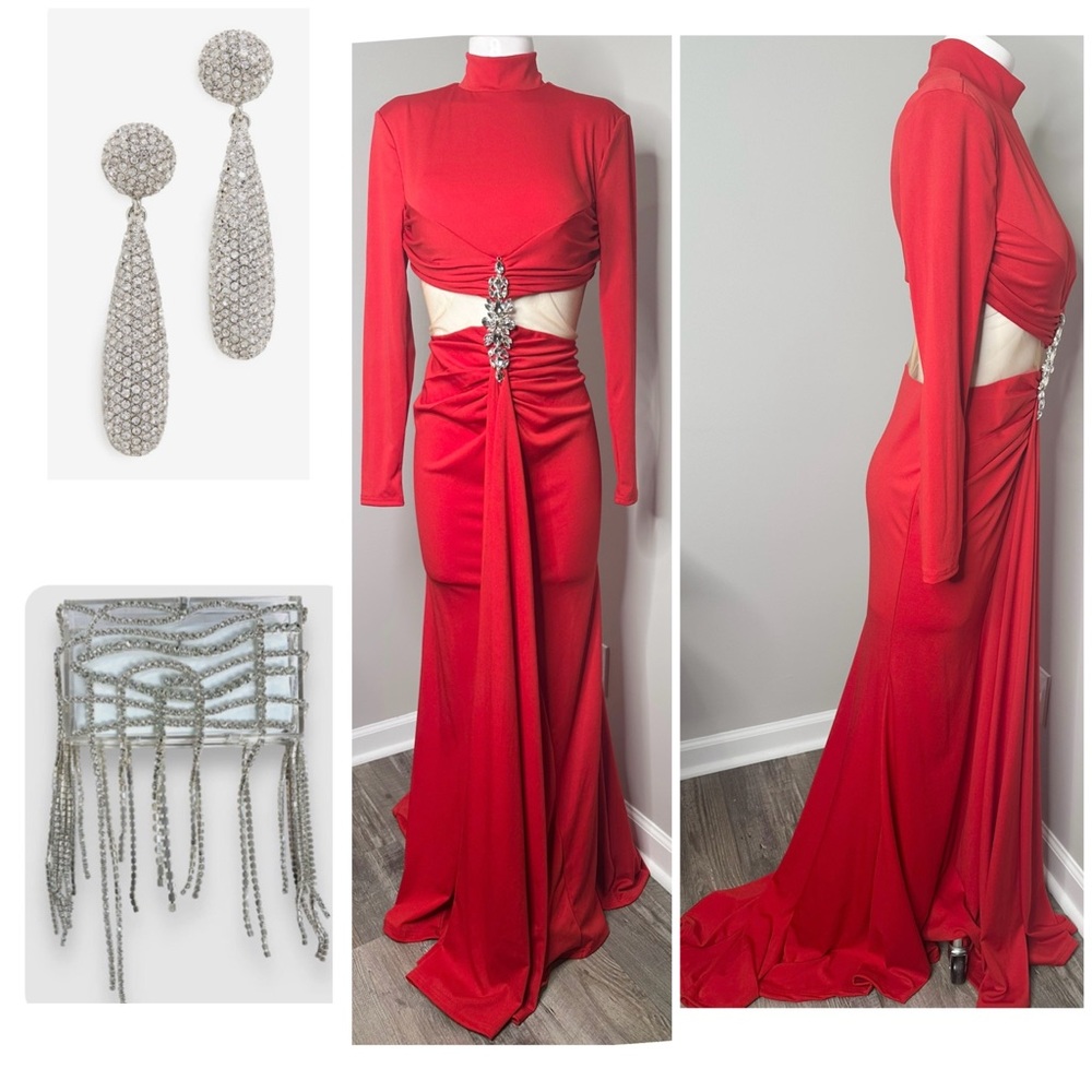 Stunning SHIEN Red Evening Gown with Silver Accents- NWT- MEDIUM